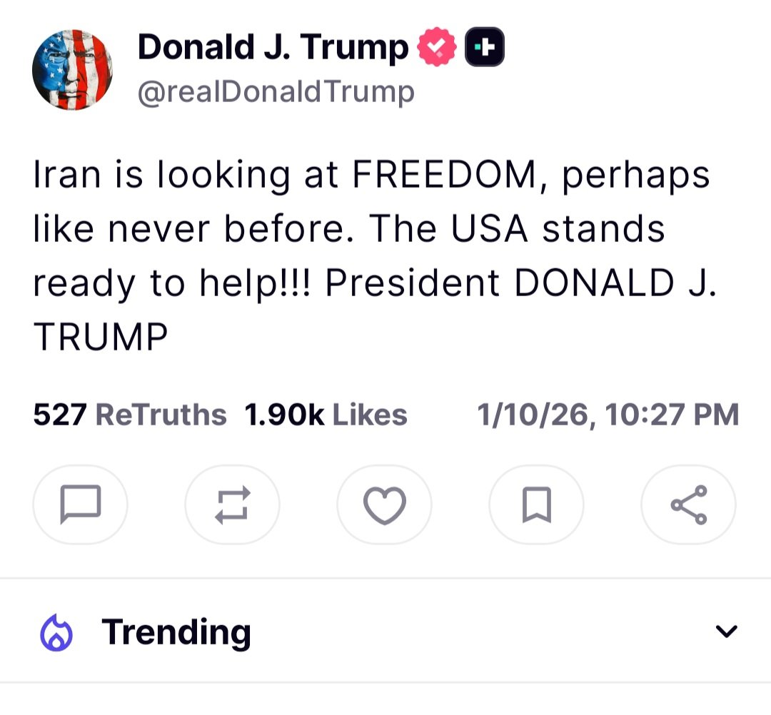 President Donald Trump , thank you.
The Iranian people will not forget the support of you and your administration—especially the support of the U.S. Department of State under the leadership of <a href="/SecRubio/">Secretary Marco Rubio</a>—for Iranians during these days of struggle for freedom.
In the day after the