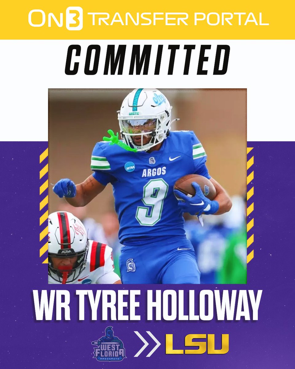 TransferPortal's tweet photo. West Florida WR Tyree Holloway has signed with LSU, @PeteNakos reports🐅

Posted 661 yards and 8 TDs in 2025.
 https://t.co/Qb06uanonJ https://t.co/LxZ1Wy9mLR