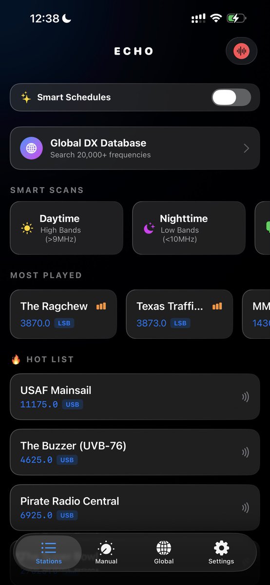 SDRecho's tweet photo. Meet Echo: A native iOS client for KiwiSDR and OpenWebRX. Connect to global receivers via a live map, use Smart Scans for Military/Ham bands, and search 20k+ frequencies. Instant mode switching &amp; live spectrum monitoring.
#SDR #HamRadio #Shortwave #iOS https://t.co/NRiaLXvuKd