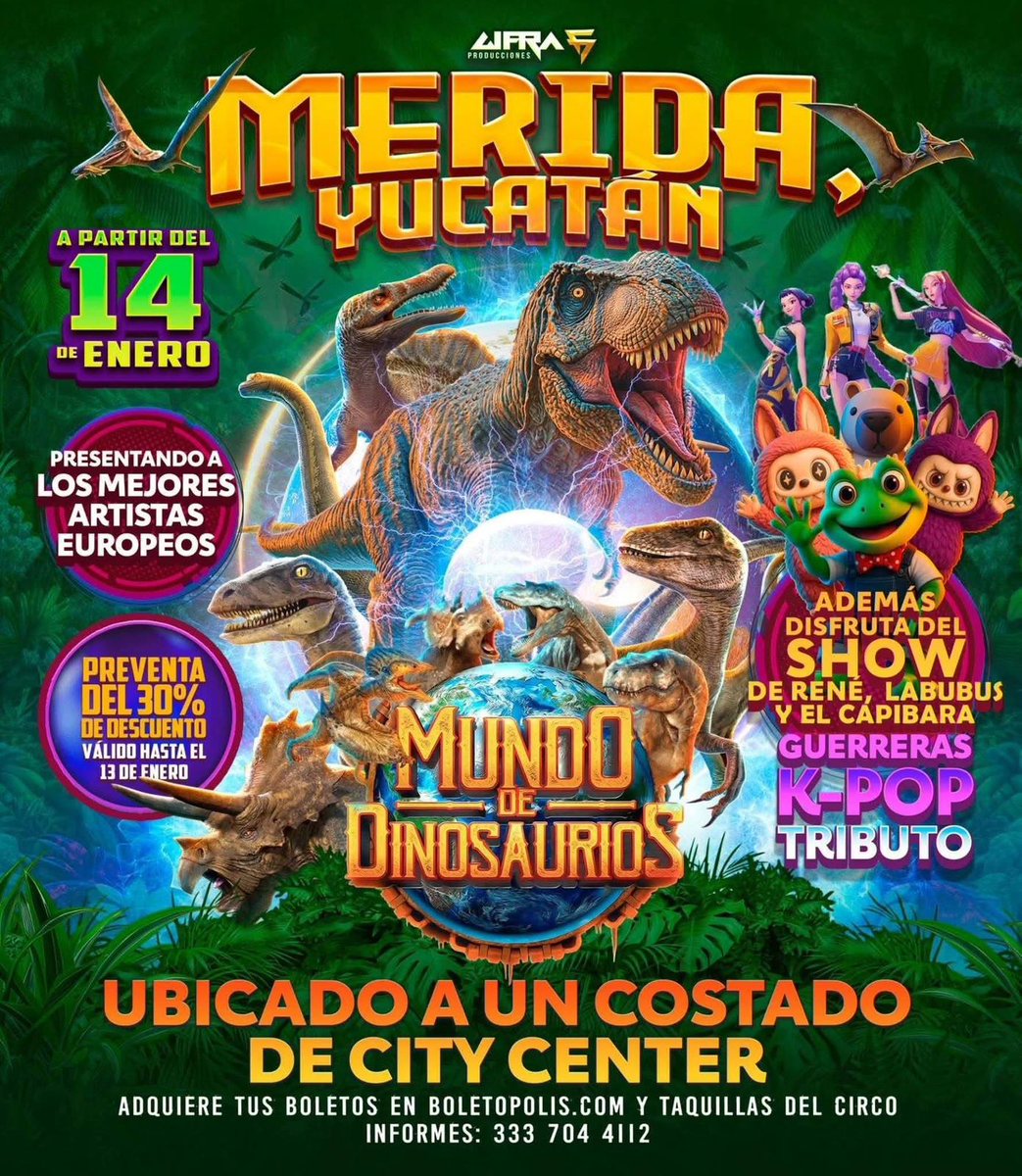Llega a #Mérida #Yucatán el Mundo de #dinosaurios a partir de 14 de Enero 🦖🦕
📍A un costado de #CityCenter hasta el 15 de febrero
🎫 #Boletos PREVENTA 
Niños $140
Luneta Adultos $210
Preferente Adultos $280
Palco VIP (4 pers) $1400
en:
…osauriosmeridayucatan.boletopolis.com
📞 Inf: 3337044112