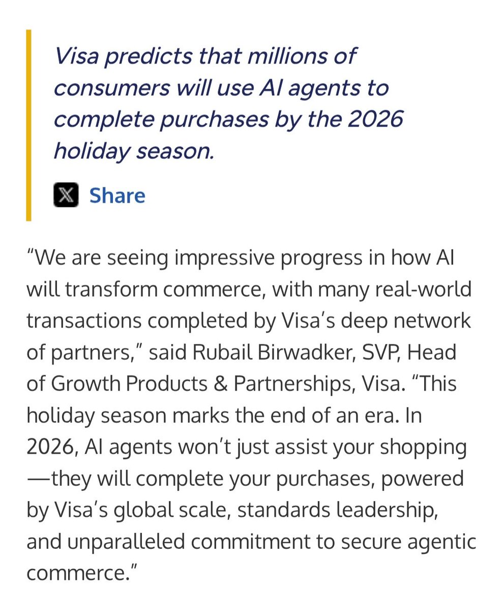 FET EXPLODING 🚨🚀

🗣 Visa: "mainstream adoption of AI agents in 2026, millions will use AI agents"

✅️ FET x Visa partnership

✅️ FET x Google partnership

⏳️ FET x Mastercard partnership expected soon

📈 Platform supports FET token transactions; value &amp; liquidity

$FET