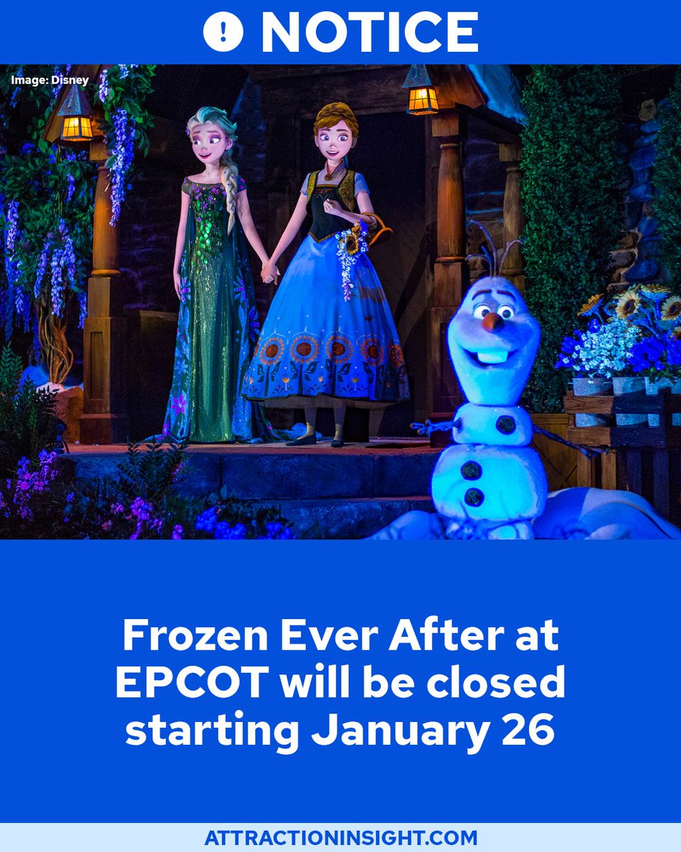 AttractInsight's tweet image. Frozen Ever After will take a frosty break for refurbishment starting Jan 26 and is set to reopen in Feb. The update will feature upgraded Audio-Animatronic figures of Anna, Elsa, and Kristoff, replacing projection faces with the advanced technology seen at Hong Kong Disneyland.