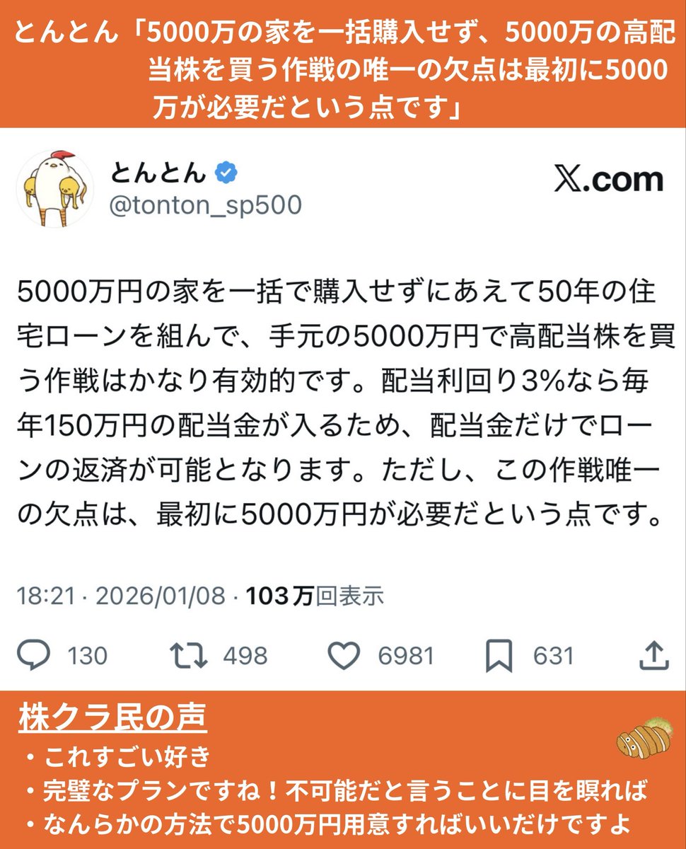今週の株クラ＞ ①chnaco「日経はだいぶイカ臭い動きしてますね」 ②インデックス投資おじさん「本日は待ちに待った投資家女子会」  ③株ゴリラ「日本株持ってる奴いま全員これ」 ④とんとん「5000万の家を一括購入せず、5000万の高配当株を買う作戦の唯一の欠点は最初に ...