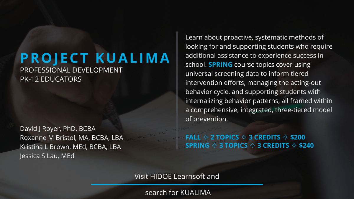 RoyerDJR's tweet photo. Hawaii educators! Check out the spring 2026 Project KUALIMA PD course in Learnsoft! Managing the acting-out behavior cycle, internalizing behavior patterns, and more!🔸Starts January 19!🔸Visit Learnsoft from your DOE Apps Dashboard and search "KUALIMA" https://t.co/1uxisp9tex