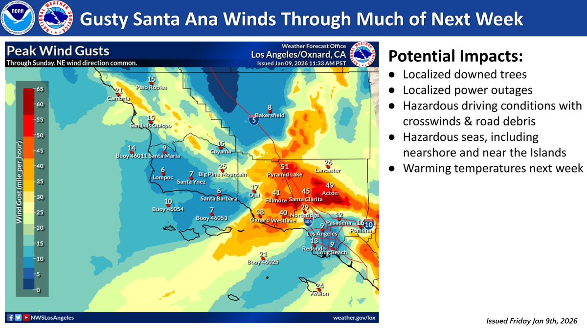 Gusty Santa Ana winds will continue to impact typical wind corridors of LA?Ventura counties through much of next week. There will be a high risk for downed trees due to the very wet soils, as well as hazardous driving/boating conditions. #LAWeather #cawx