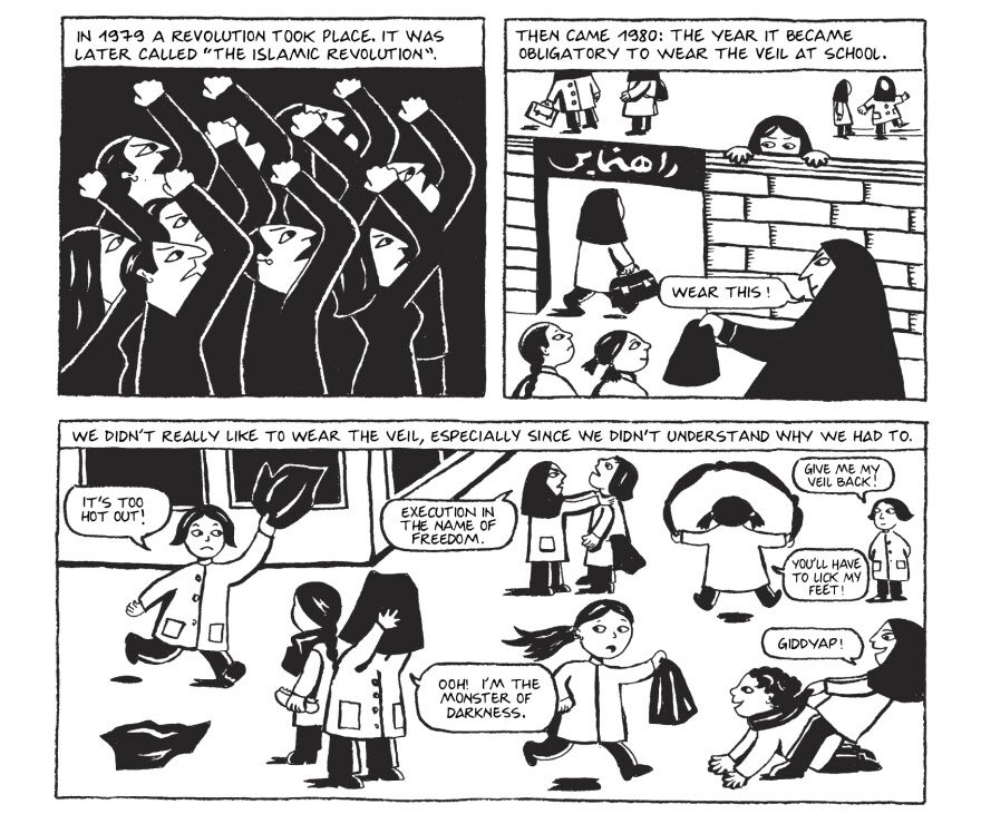 Ur Persepolis av Marjane Satrapi. Ett självbiografiskt mästerverk om att växa upp i en teokrati