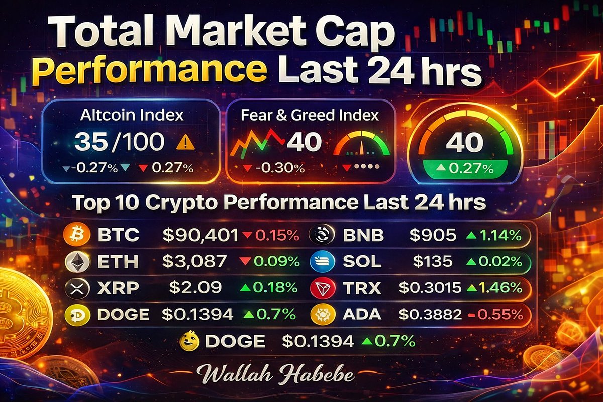 Good Morning X Fam ☀️ Happy Sunday 💙 📊 Quick Crypto Market Update (Short  & Impactful) 🔹 Total Market Cap: $3.09T 🔻 -0.04% 🔹 Altcoin Index: 35 /  100 🔹 Fear &