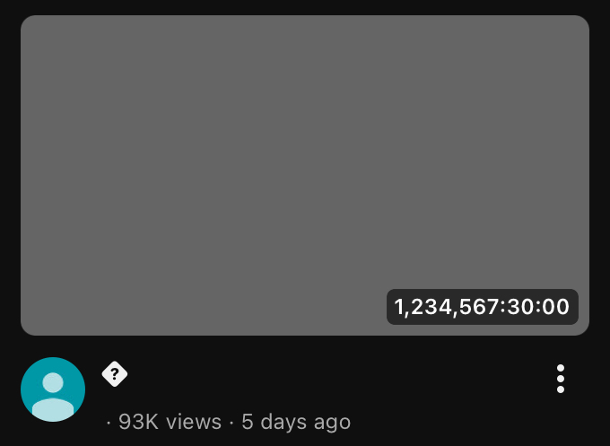 MaxTacAgent's tweet image. Ayyoo this video is just plain black and it’s 1,234,567:30:00 long! And I thought I post random shit! youtu.be/ny2S_jYomUw