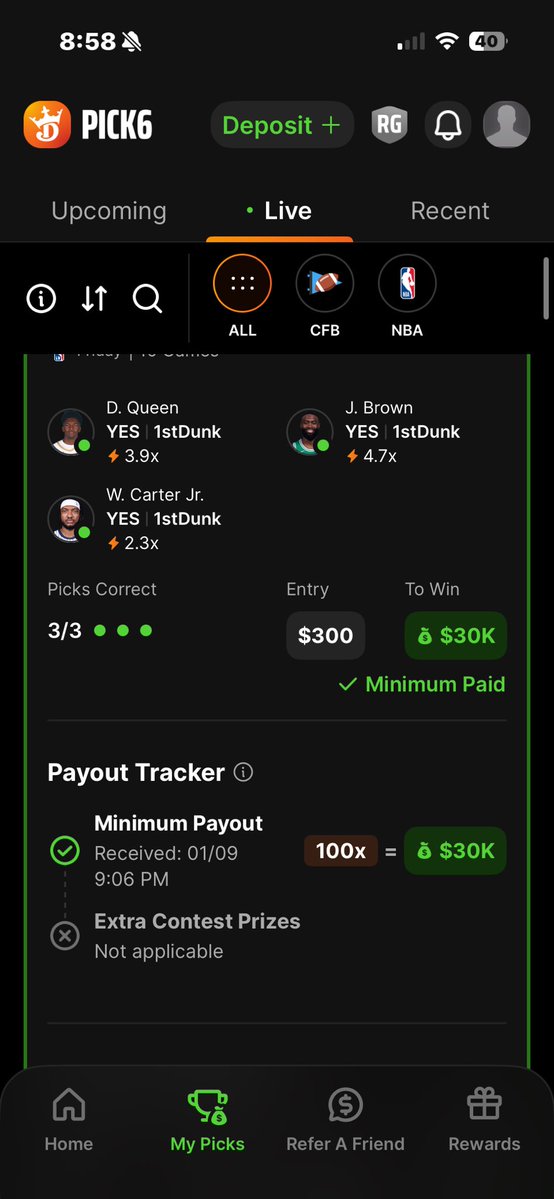 wyattchris1989's tweet image. My Pick6 entry was graded as a WIN, showed a minimum payout, and was credited to my account before a withdrawal was initiated.

Can you clarify how a settled and credited entry fits into “temporary payout adjustments,” and which Pick6 rule permits reversal after grading?