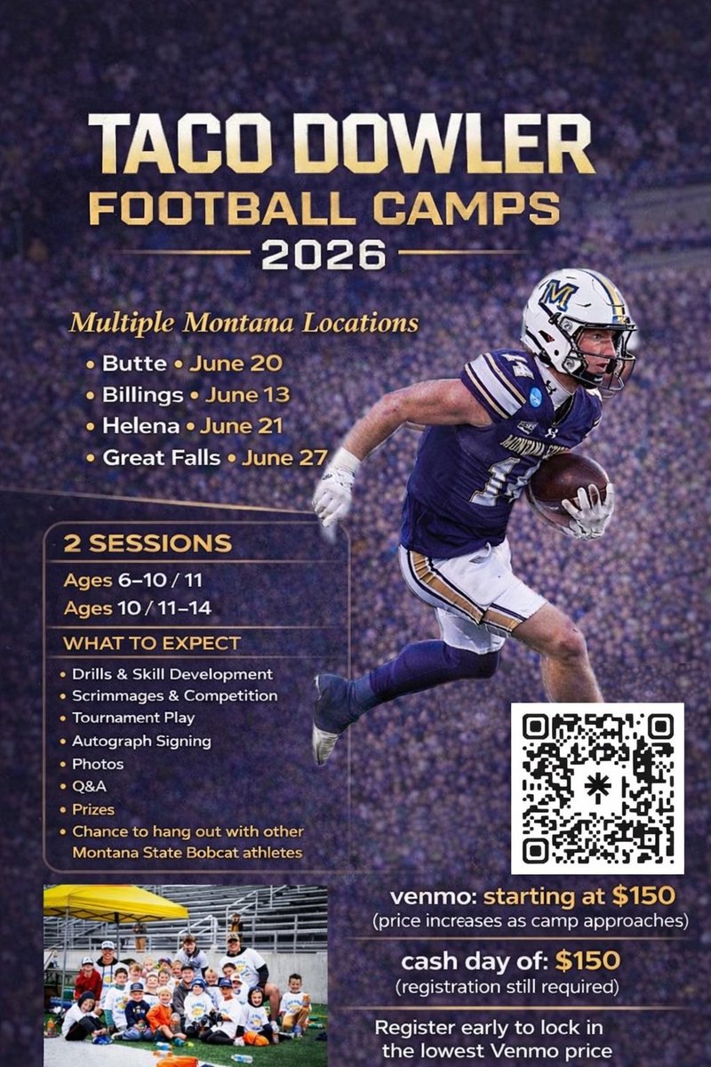 DowlerTaco's tweet image. 📍 Staying Home in the 406

Make sure to sign up and register for my annual Youth Camps with the link below:
tacodowler14.com  

(Linktree with direct registration is also in my bio)linktr.ee/tacodowler

All media/interview inquiries:
@EmeraldLegacyMg