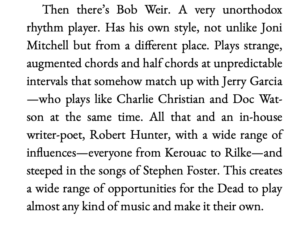 rayfp's tweet image. Bob Dylan writing about Bob Weir in The Philosophy of Modern Song