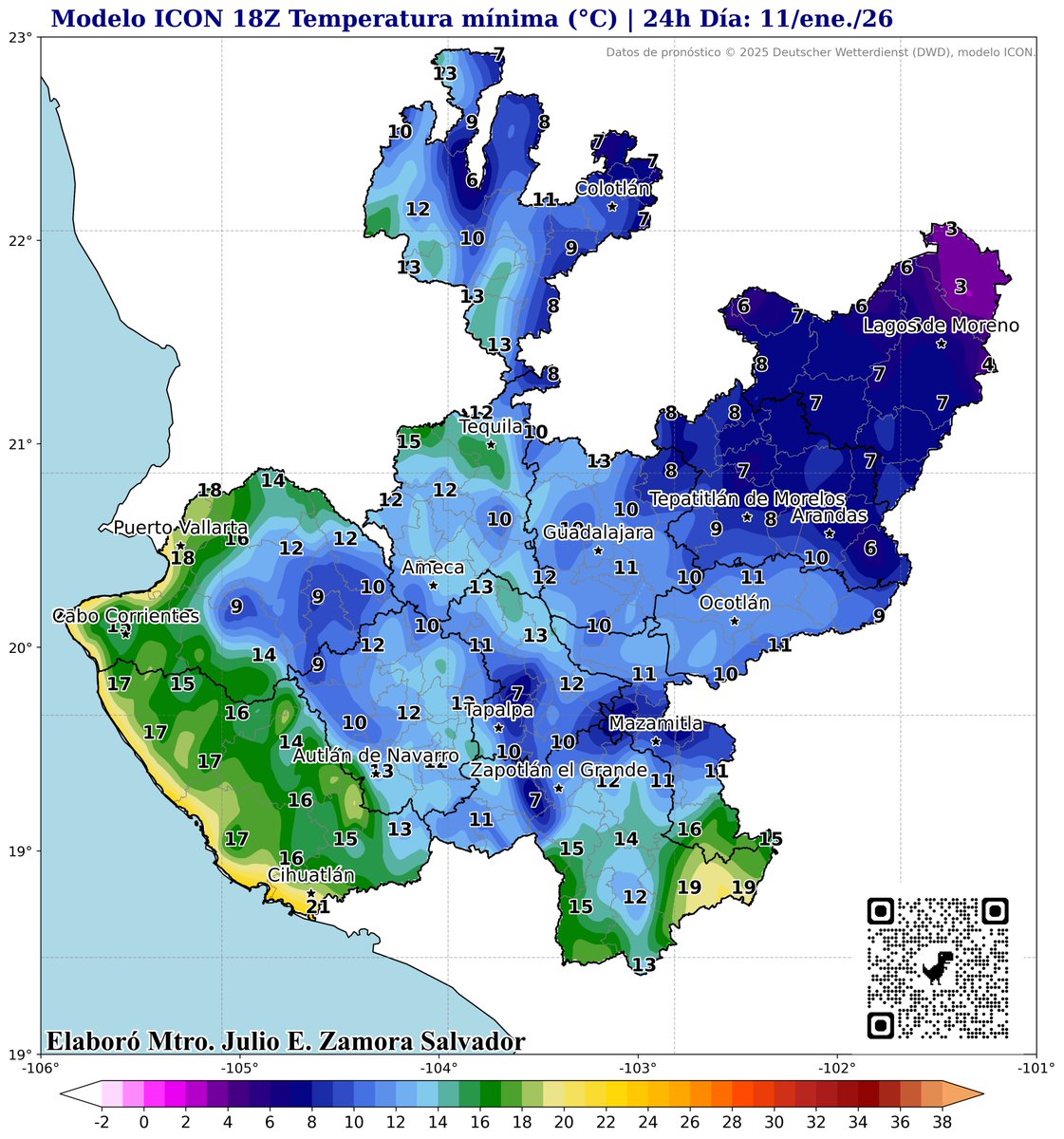 🥶Continúan el descenso de temperaturas para esta noche y mañana del día siguiente. Nuevamente amanecer frío a gélido. | Pronóstico 10/Enero/2026, 18:30 h

🟣La masa de aire frío seguirá descendiendo las temperaturas a lo largo del país, principalmente en el noroeste, norte,