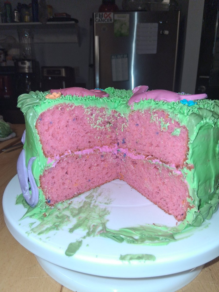 Wish I had more time to fix things, but dinosaur cake is done. Turned out decently despite being tired and frustrated by a million little setbacks!