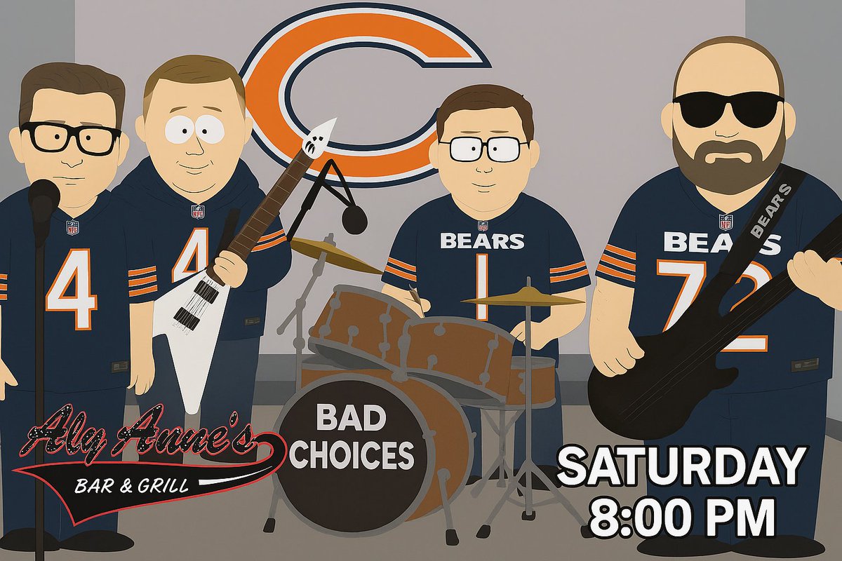 BadChoicesBand's tweet photo. Tonight. 
Aly Anne's Bar &amp; Grill. 
122 E Main St. 
Dwight IL
8:00 - Midnight.
@ChicagoBears on the TVs. Good Beer. Good Food. Great music!
It's going to be a great time!
Hope to see you there. https://t.co/BFmNH0BzXw