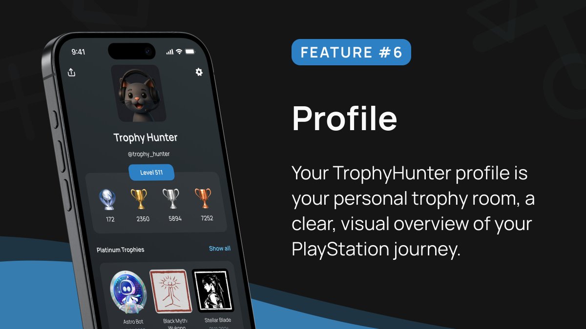 TrophyHunterapp's tweet photo. Feature #6. Profile.
Your TrophyHunter profile is your personal trophy room. View your PSN stats at a glance and showcase every Platinum you’ve earned. https://t.co/yyMcuIEVgE