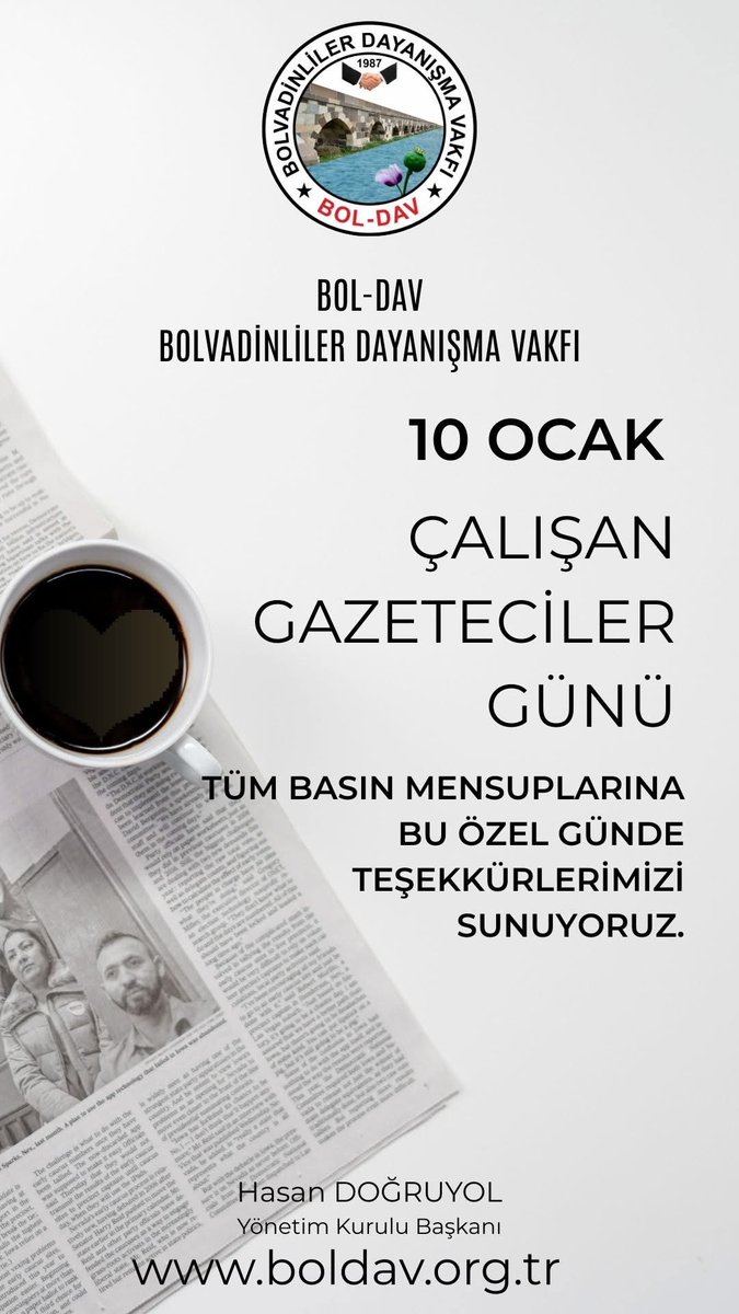 Toplumun doğru,tarafsız ve güvenilir bilgiye ulaşması için büyük bir özveriyle görev yapan,düşünce ve ifade özgürlüğünün teminatı olan tüm basın mensuplarımızın #10OcakÇalışanGazeteciler 
Günü’nü içtenlikle kutluyor; çalışmalarında başarılar diliyoruz
#boldav #Bolvadin #Ankara