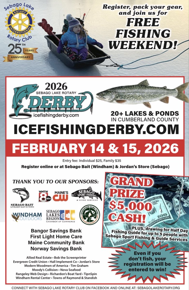 MaineOGT's tweet photo. Don’t miss out on Sebago Lake Rotary’s 25th Annual Ice Fishing Derby!

Date: February 14 &amp; 15 | Maine’s Free Fishing Weekend

Maine OGT is proud to be a strategic partner of Sebago Lake Rotary and we all hope to see you there! https://t.co/pA3yZ10t55