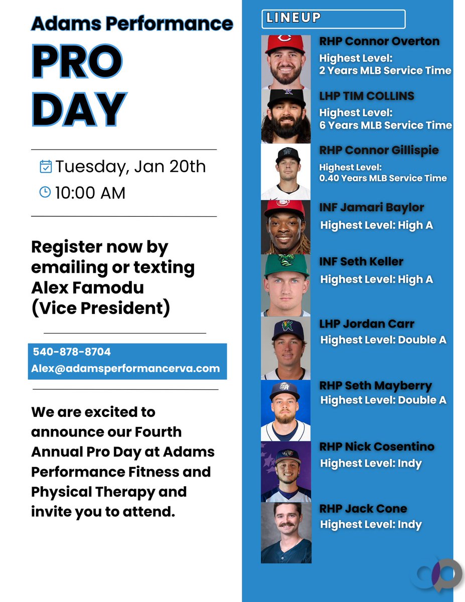alex_famodu's tweet image. 2026 Pro Day Lineup

Scouts interested in attending this Pro Day are encouraged to contact us at alex@adamsperformancerva.com for additional details.