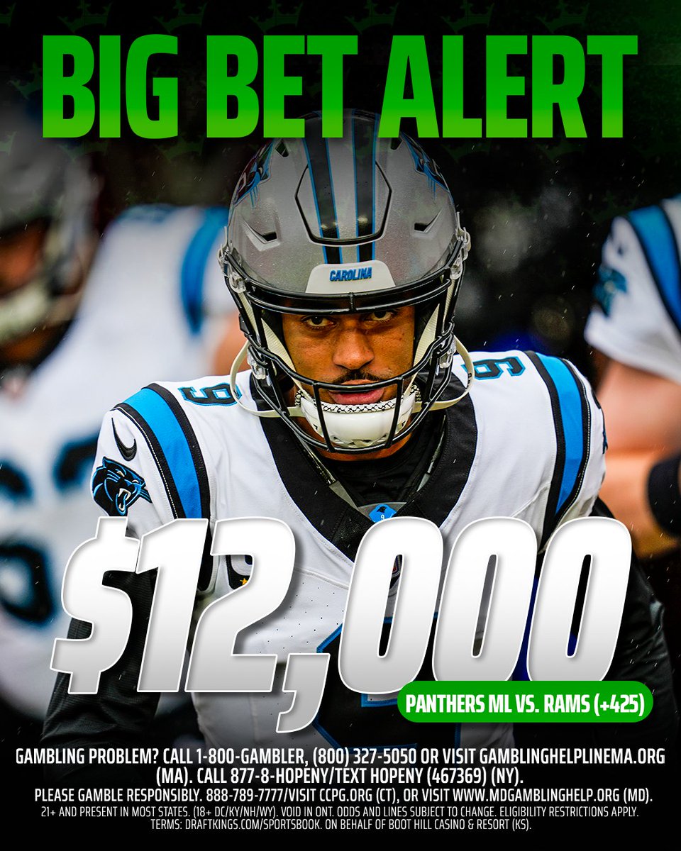 🚨 BIG BET ALERT 🚨

A bettor has placed $12,000 on Carolina Panthers ML vs. Los Angeles Rams (+425) 👀

Possible Winnings: $51,000💰