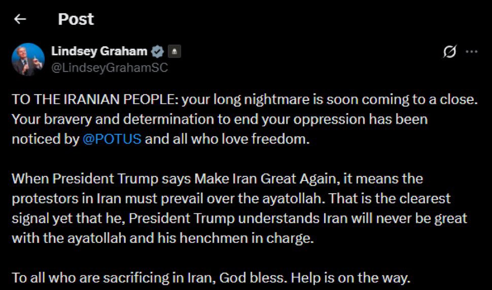 TheSaviour's tweet photo. 🚨🇺🇸🇮🇷Senator Graham addresses the Iranian people:

“Your long nightmare is soon coming to a close.”

He adds that their bravery and determination have been noticed by Trump and all who love freedom. https://t.co/Rs1cFRuAX7