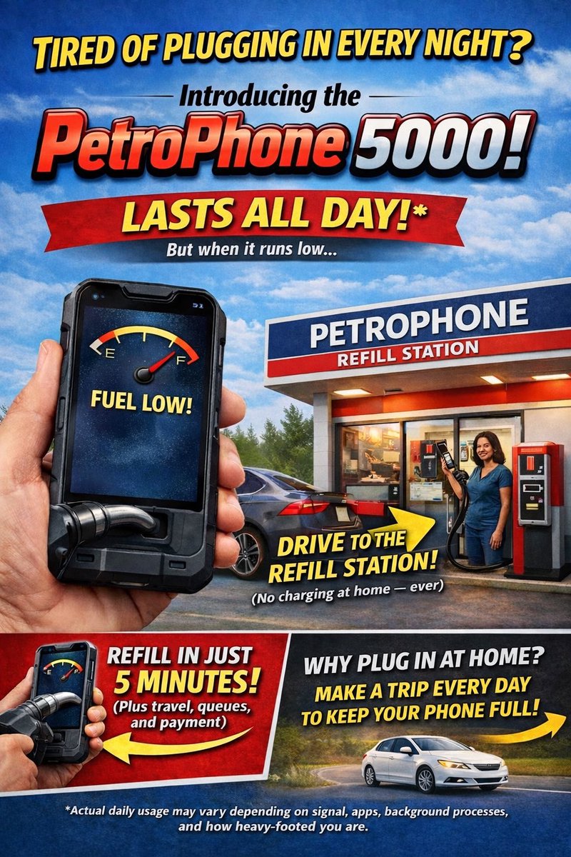 Introducing the petrol powered phone…

Never charge at home again. 

You can now go and fill your phone with petrol, pay more, and have to go and get it. 

What an invention.

.