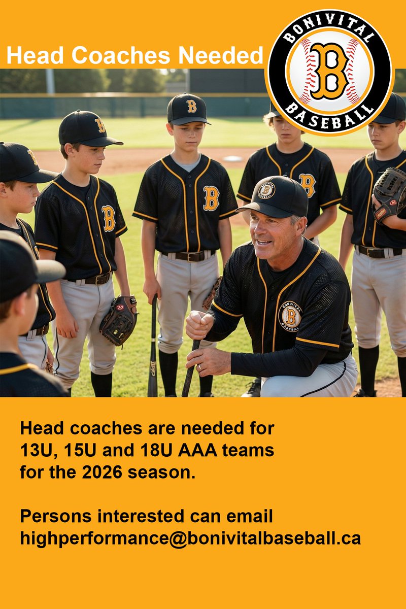 BoniBaseball's tweet image. Head coaches are needed for this year's Bonivital Baseball AAA Teams.

If interested, please email highperformance@bonivitalbaseball.ca
