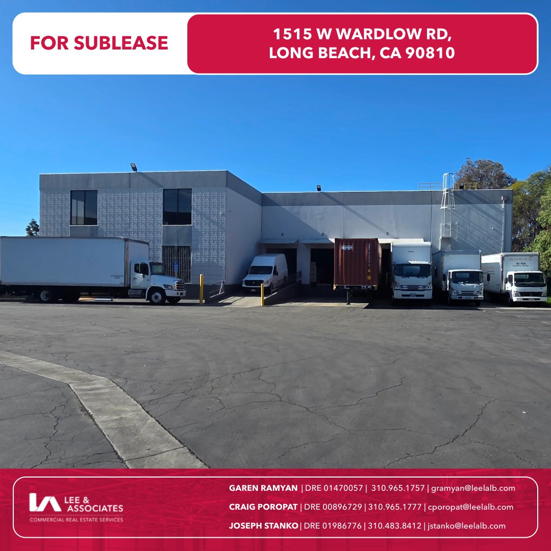 For Sublease | Long Beach, CA
±20,700 SF industrial bldg w/ ±3,000 SF office, 24’ clear, 3 DH doors, 1 GL door &amp; gated yard. Prime 405/710 access. 

In-house Brochure - 1515 W Ward…

📍 1515 W Wardlow Rd

Contact Lee &amp; Associates for details.