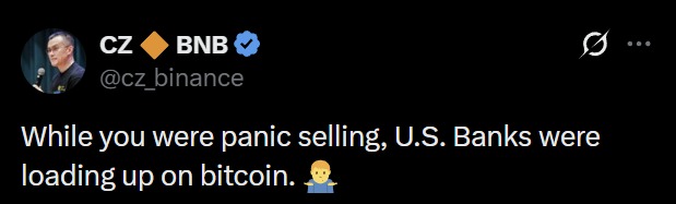 币安创始人CZ发声：当散户恐慌抛售比特币时，美国银行却在悄然大量买入，揭示市场反向操作