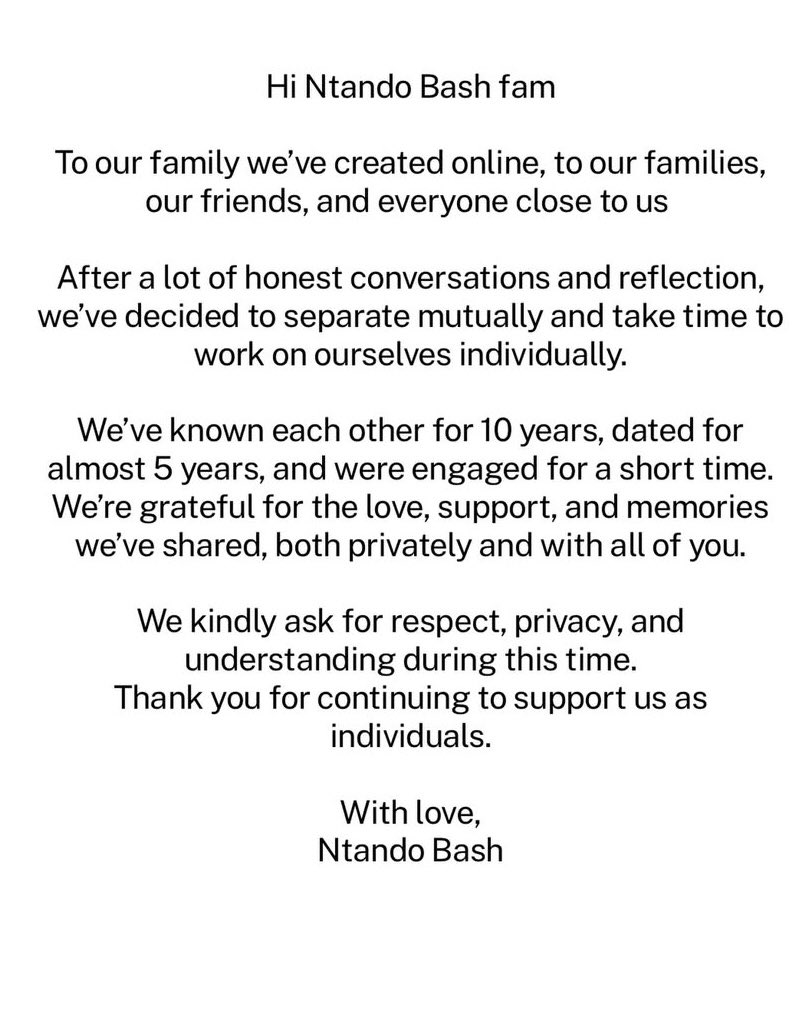 sanelenkosiii's tweet image. The famous internet couple Ntandokazi &amp;amp; Bash have announced they’re mutually separating after knowing each other for 10 years.