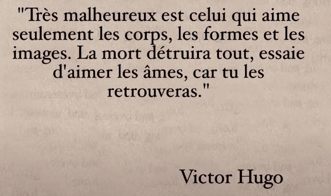 “Sadece bedenleri, şekilleri, görüntüleri sevenlere ne yazık! Ölüm hepsini yok edecek. Ruhları sevmeyi dene, onlara yeniden kavuşursun”. 

Victor Hugo, Sefiller Cilt II
