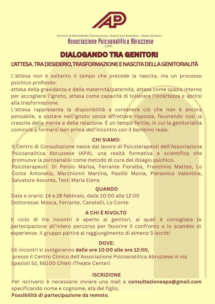 Dialogando tra genitori – L’attesa. Tra desiderio, trasformazione e nascita della genitorialità
Per info e iscrizioni: apascuola.it/dialogando-tra…