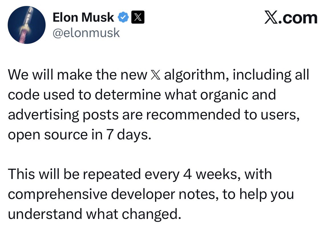 Breaking ❗ News 🗞️ Elon emphasizes making the algorithm open source to  show its flaws and build trust. As of today (January 10, 2026), he just  announced that the new X algorithm (