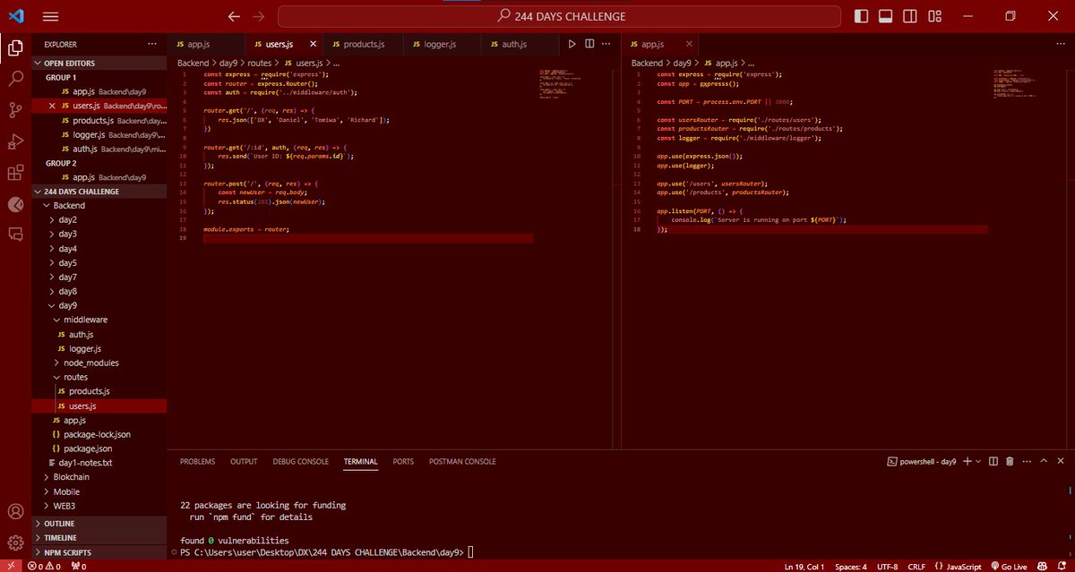 dxbolaji's tweet photo. Day 10/244 🦉
ECX classes continued today, was pretty much lost because they were teaching databases omfg 😅
But today, I did Express Routers and API structures, tested all with Postman!
#DXChallenge #BuildInPublic #BangerBoysInTech https://t.co/zknYUOSgPk