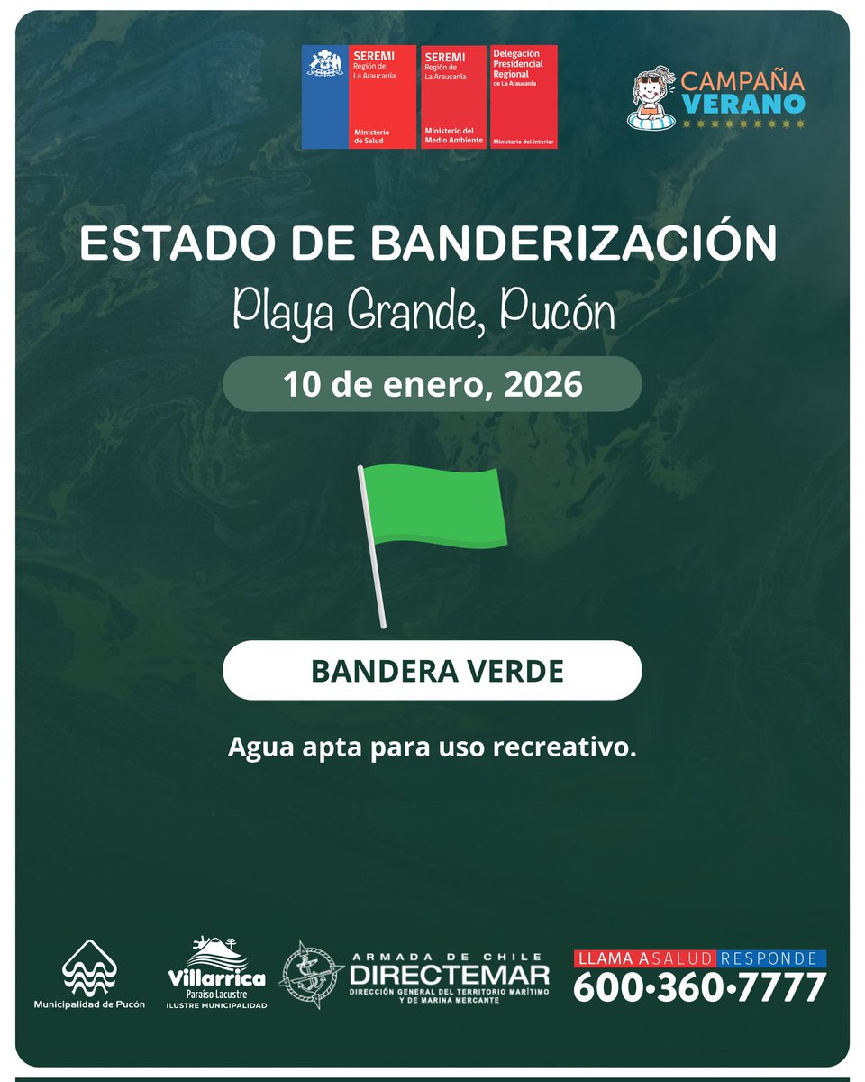 🌊 En el marco del monitoreo de microcistina que realiza la Autoridad Sanitaria en playas de uso recreativo de Pucón y Villarrica, compartimos información actualizada:

✅ Hoy, Sábado 10 de enero:

Playa Grande, Pucón: 🟢 Bandera verde (apta para el baño recreativo).