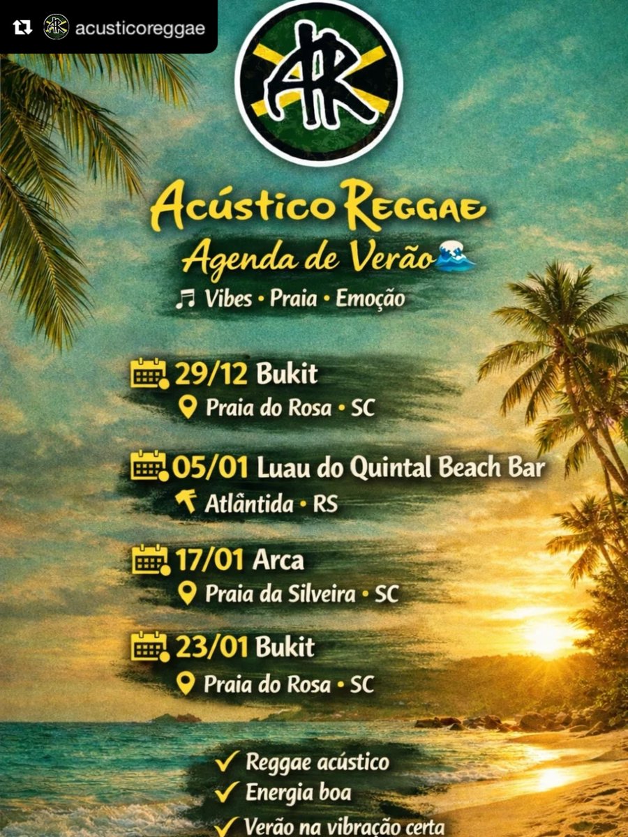 Show: Confira a Agenda Acústico Reggae

#FemaReggae #Reggae #FemaReggaeAcusticoReggae @acusticoreggae 

Repost from @acusticoreggae
•
Janeiro chegou e a nossa vibe tá na estrada 🌴🎶
Acústico Reggae, ondas rolando e coração leve.

#AgendaDeVerão #ReggaeVibes