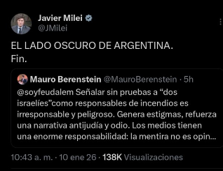 vict0camp0's tweet image. El único Twitt de @JMilei sobre los incendios de la Patagonia, fue para defender a los acusados israelitas.