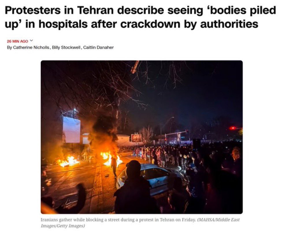 agusantonetti's tweet photo. 🇮🇷 — La CNN reporta en base a manifestantes iraníes que los hospitales en Teherán están desbordados por la cantidad de cadáveres amontonados.

Está habiendo una brutal represión por parte de las fuerzas del régimen islámico de Irán y están intentando ocultar toda la información. https://t.co/rq4k81Noy4