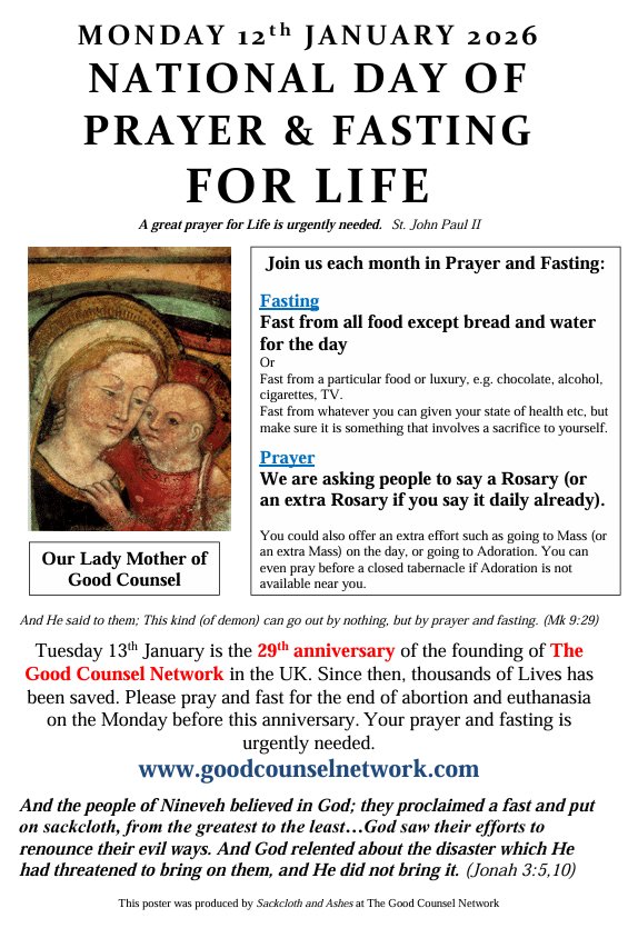 On Monday 12th Jan, please pray &amp; fast for the end of abortion &amp; euthanasia. Your prayer &amp; fasting is urgently needed.  

We'd particularly appreciate your prayers on this day as the day after, Tuesday the 13th, will mark 29 years since the founding of the Good Counsel Network!