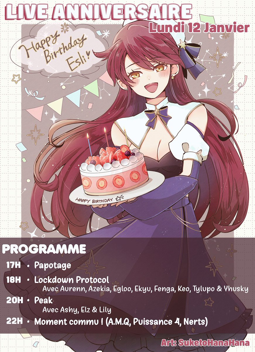 ─✦─  Live Anniversaire  ─✦─  

Je fête mon anniversaire en stream Lundi à partir de 17h !

J'aurai plein de belles personnes pour m'accompagner et on passera un bon moment tous ensemble alors n'hésitez pas a venir !  

Art: @/SuketoHanaHana 🩷

#vtuberfr