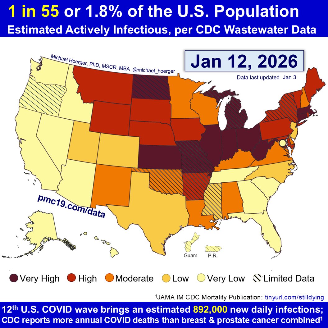 Heat map and PMC estimates, 1 in 55 infectious and 892,000 new daily infections for Jan 12. We expedited the report to release it two days early.