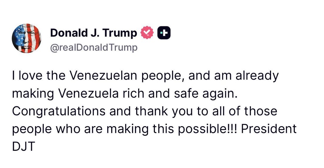 ajcoronelroche's tweet image. 🇺🇲 Mensaje del Presidente de los EEUU- Donald J.  Trump  (@POTUS  / @realDonaldTrump) 

"Amo al pueblo venezolano y ya estoy haciendo que Venezuela vuelva a ser próspera y segura.
 ¡Felicitaciones y gracias a todos  los que lo hacen posible! Presidente DJT"

#10Enero