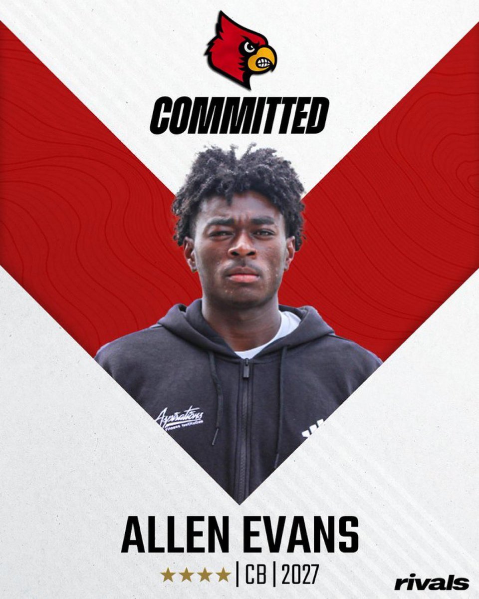 It’s official🔴⚪️

Allen Evans has officially committed to university of Louisville!!

Allen Evans is a special kind of DB with the length and athletic ability to lock down anything coming down the field.

The Louisville Cardinals  has a hometown hero on their hands🟣🟡