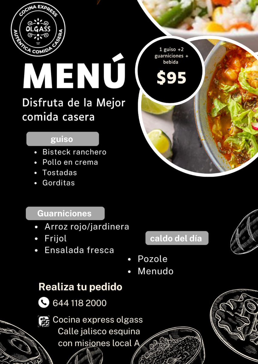 ¡El menú de hoy ya está listo! 🍽️😋🥗 En Cocina Express Olgass cocinamos diferente cada día para que siempre tengas algo rico que disfrutar 🧡 ✨Síguenos y no te pierdas el platillo del día… ¿Cuál ha sido tu favorito hasta ahora? 👀👇 Ordena 📱6441182000 o visítanos !