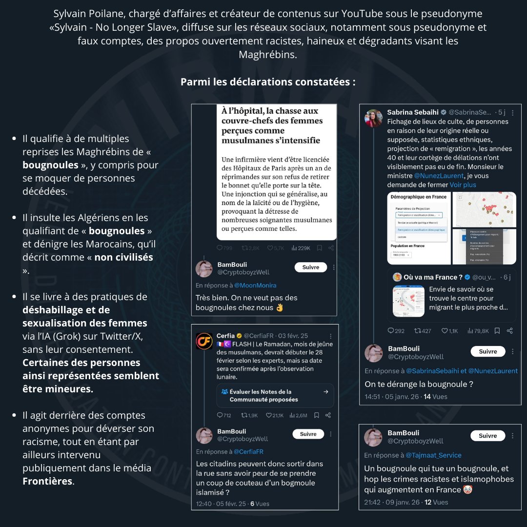 Virmag_'s tweet image. ⚖️ SIGNALEMENT - Sylvain Poilane (@Cryptoboyzwell), chargé d’affaires, créateur YouTube, intervenant chez @Frontieresmedia, opère sous faux compte pour tenir des propos racistes visant les Maghrébins et se moquer de décès, qu’il qualifie de « bougnoules ».

À signaler sans délai.