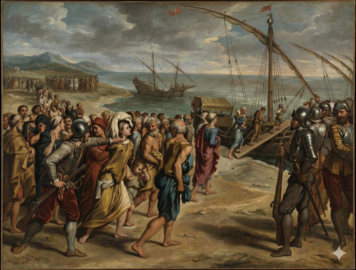 Diego Velázquez's painting about the expulsion of the Moors was famously lost in a fire at the Alcazar of Madrid in 1734. 

Gemini prompt: "Create a realistic oil painting reconstruction in the style of Diego Velázquez, based on this surviving draft."

Input // Result