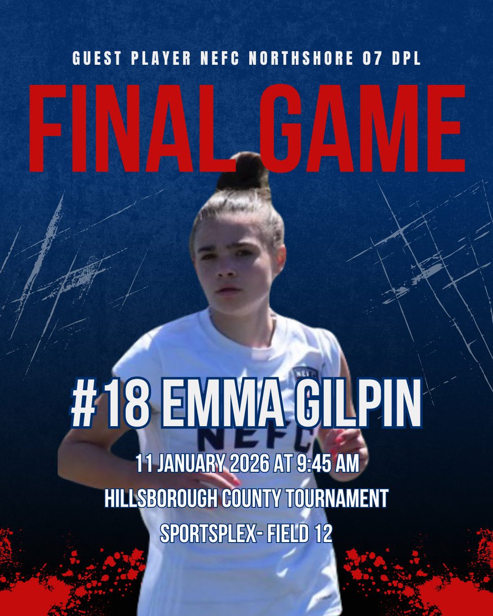 emmagilpin2027's tweet image. Final match in Tampa — excited to compete one more time with NEFC_NorthShore 07 DPL.
Kickoff ⏰ 9:45 AM | Field 12
Ready to finish strong. 💪⚽️

#FinalGame #GirlsSoccer #RecruitingReady #ClassOf2027 #NextLevel #1STM2016
@emmagilpin2027