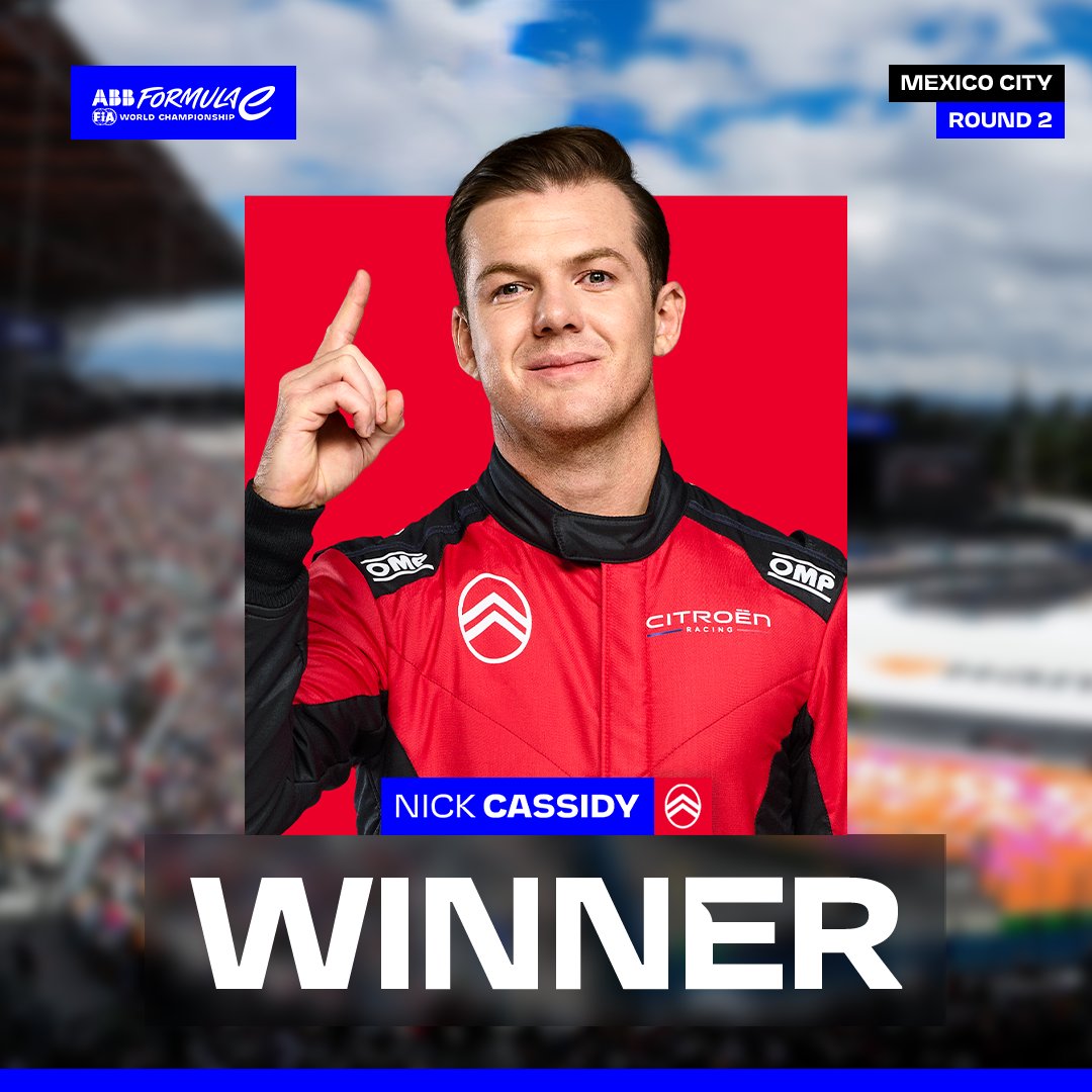 FIAFormulaE's tweet image. VICTORY IN MEXICO CITY!! 🏆 

Unbelievable job by @NickCassidy_ as the Kiwi wins for Citroën in Round 2! 👏

@Hankook_Sport #MexicoCityEPrix