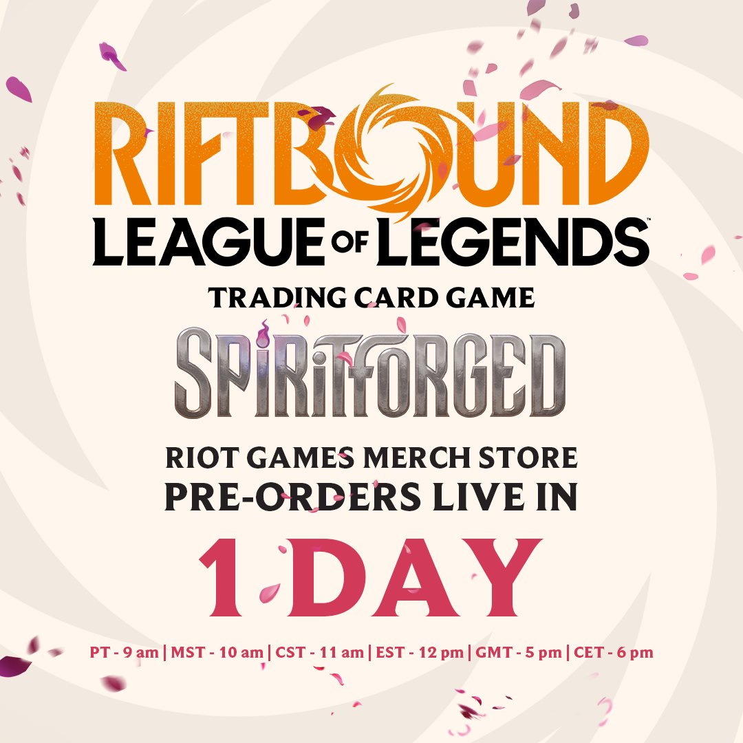 Riftbound Spiritforged Pre-Orders for the Riot Games Merch Store will go live in exactly 1 day! 🌸

Products will be priced at MSRP and will sell out quickly! The Origins preorder sold out in under 20 minutes, and I suspect this time it will be faster, so be ready!
