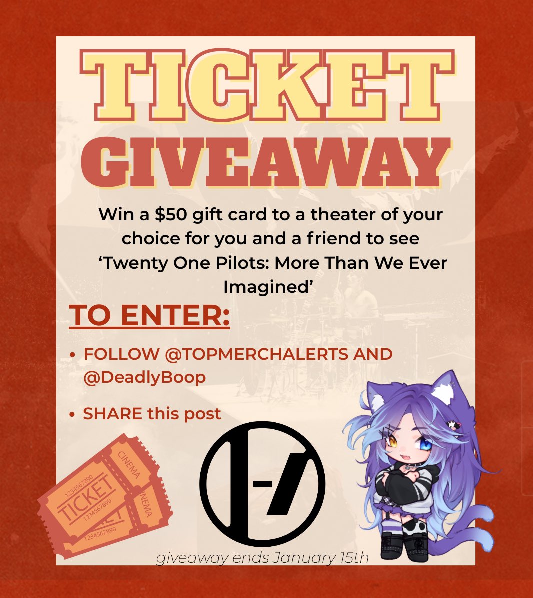 TOPMerchAlerts's tweet image. My friend @DeadlyBoop and I am cohosting a giveaway so one of you can bring a friend to see ‘Twenty One Pilots: More Than We Ever Imagined’!!!!

To Enter: 
-Follow @TOPMerchAlerts &amp;amp; @DeadlyBoop 
-SHARE this post 

That’s it! 

Giveaway ends Jan.14th*
#twentyonepilots