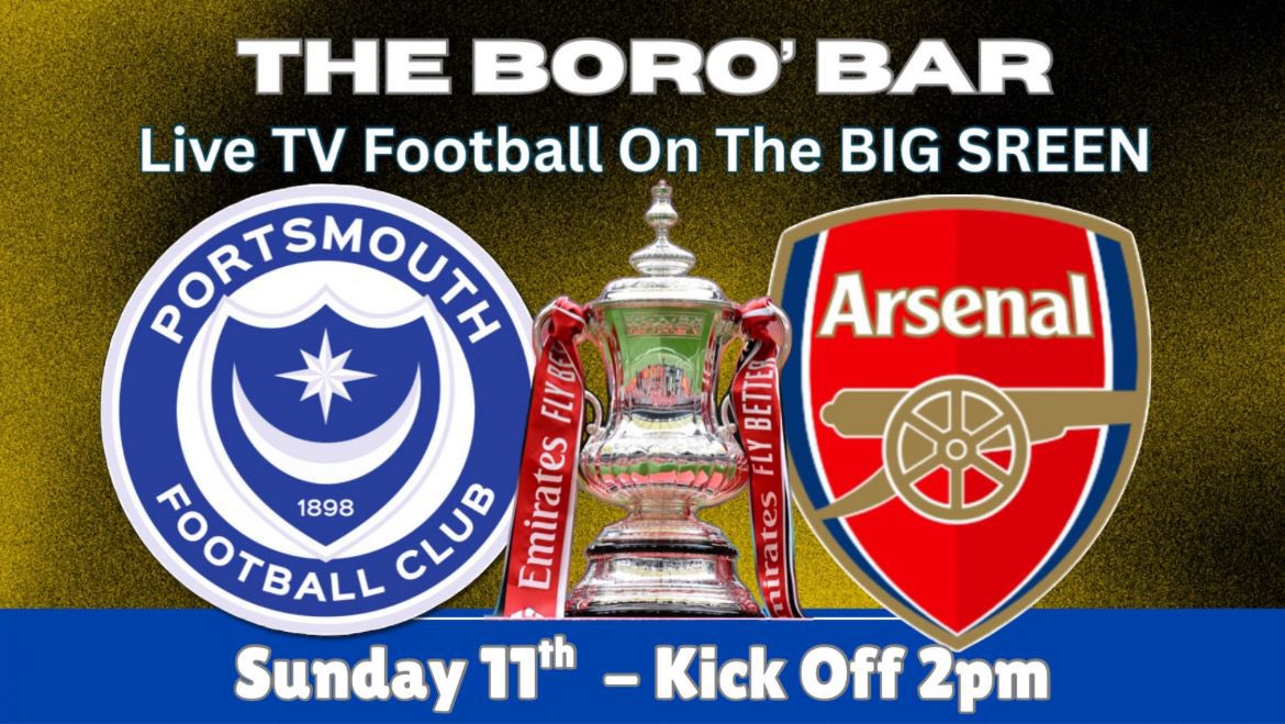🏆 A big FA Cup tie tomorrow between local Championship-side Portsmouth and Premier League, Arsenal.

You can the game live on our big screen, in the BORO’ Bar. Entry Free. More on this 👇
🔗: gosportboroughfc.com

#UpTheBoro #UTB